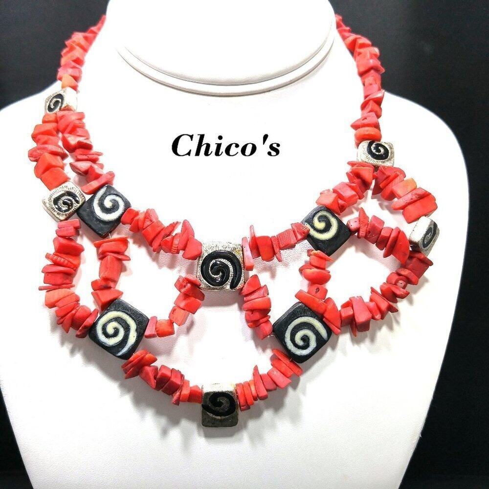 Chico's Red Gemstone Enamel Necklace, Red Silver Black Beads, 19 Inches